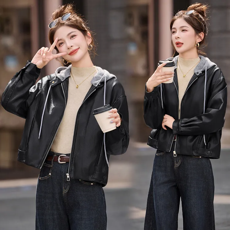 小个子针织连帽皮衣外套短款女2025秋冬新款高级感加绒pu皮夹克潮