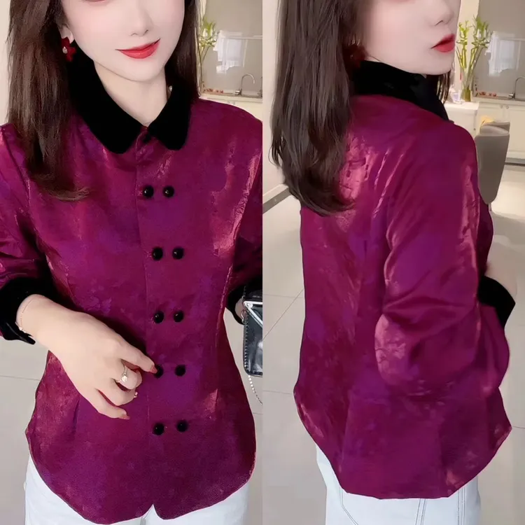 翻领常规3D修身型轻职风衬衫修身女装长袖