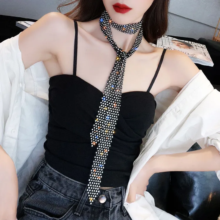 合金树脂项链 欧美夸张闪亮多排水钻长款流苏锁骨链女网红项链
