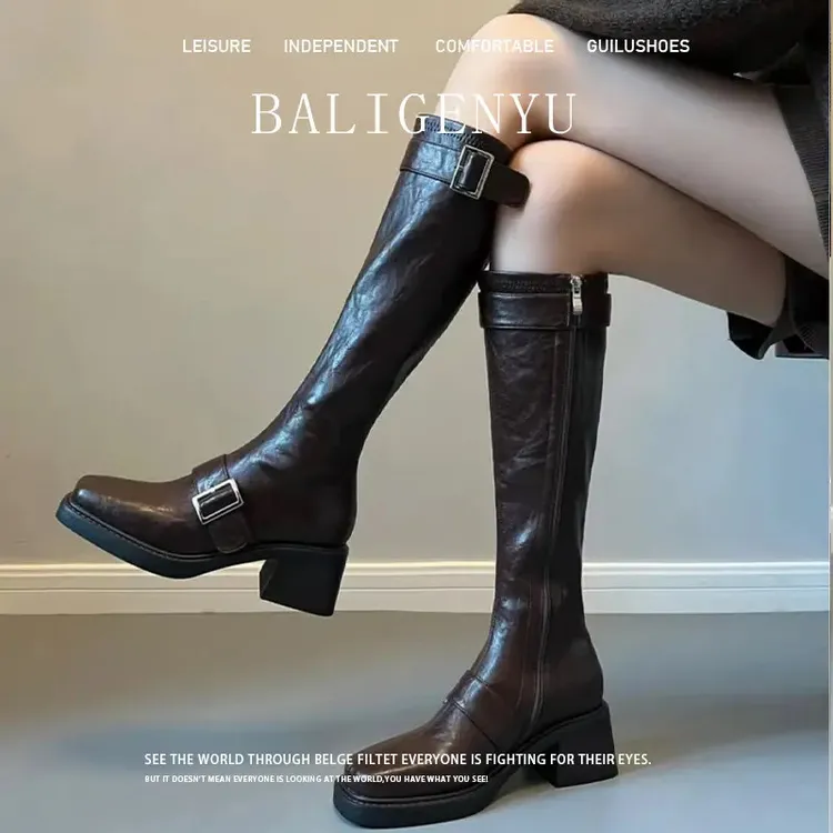 韩系皮带扣长筒靴细腿小筒围长靴女新款骑士靴粗跟不过膝靴子