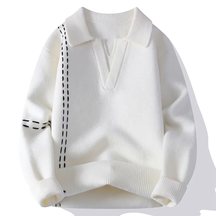 春秋百搭韩版男士纯色圆领毛衣针织衫休闲拼接长袖明线翻领男装