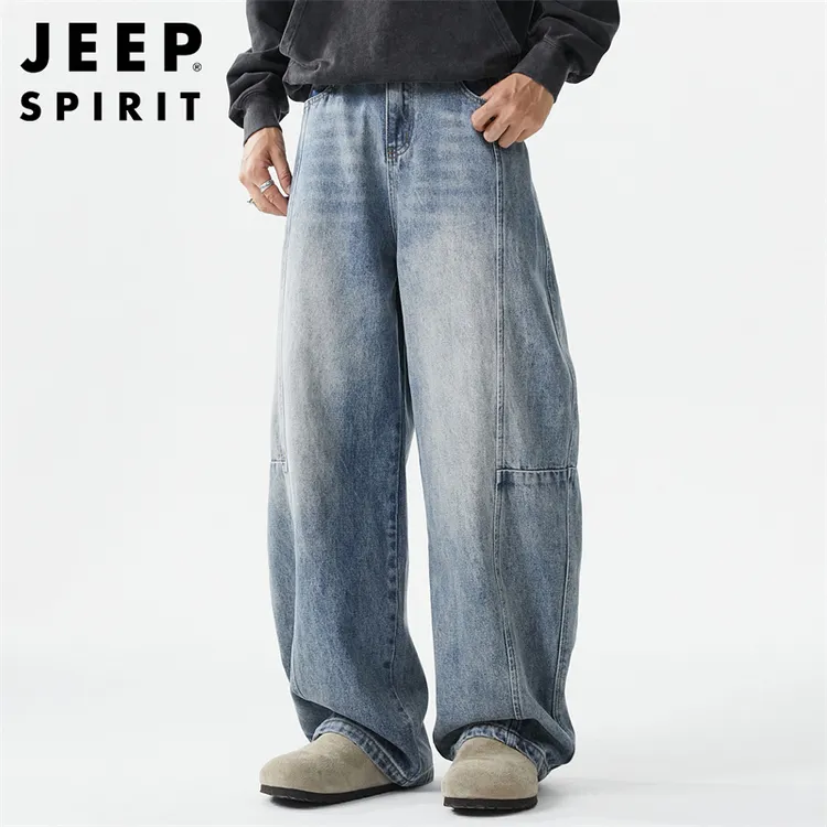 JEEPSPIRIT美式复古弯刀牛仔裤男士春秋季新款宽松垂感阔腿长裤子