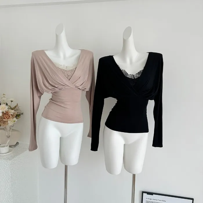 绝美腰身比蕾丝花边针织背心长袖V领修身显瘦上衣春打底衫套装女