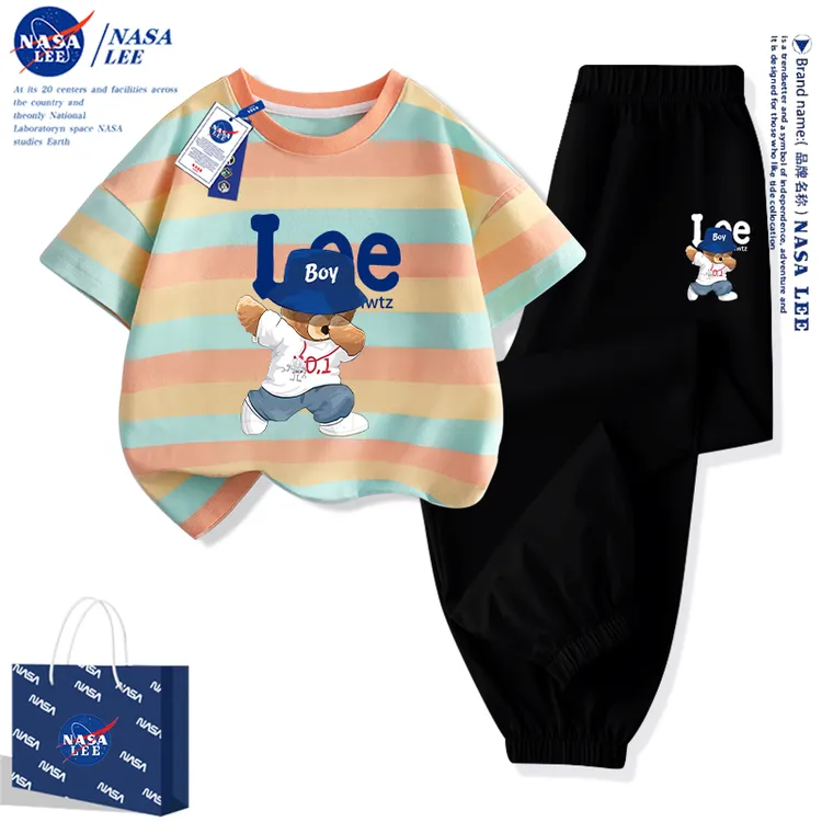 NASA小熊儿童短袖套装2026新款男童夏季t恤两件套女童防蚊裤
