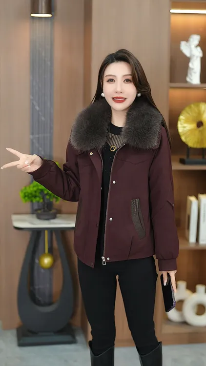 常规款2025厚款长袖POLO领加绒加厚大毛领冬季派克女短款外套Z01