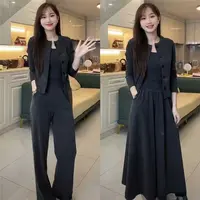 T早秋新款套装女高级感韩系气质开衫吊带裤子三件套