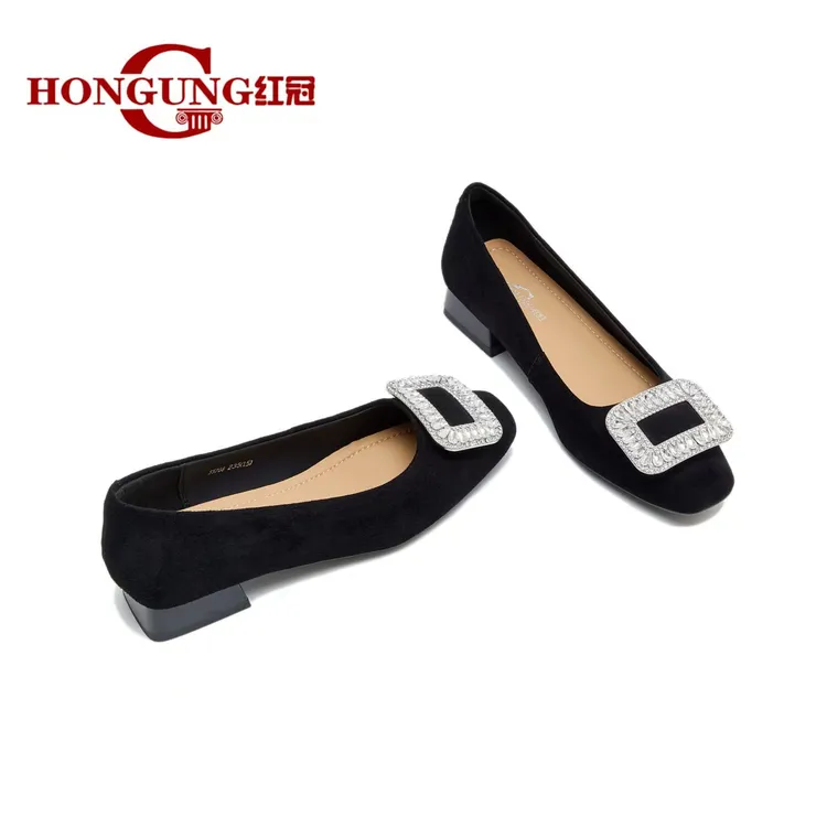 新款～红冠2.5cm法式水钻方扣气质女鞋55708粗跟通勤女鞋
