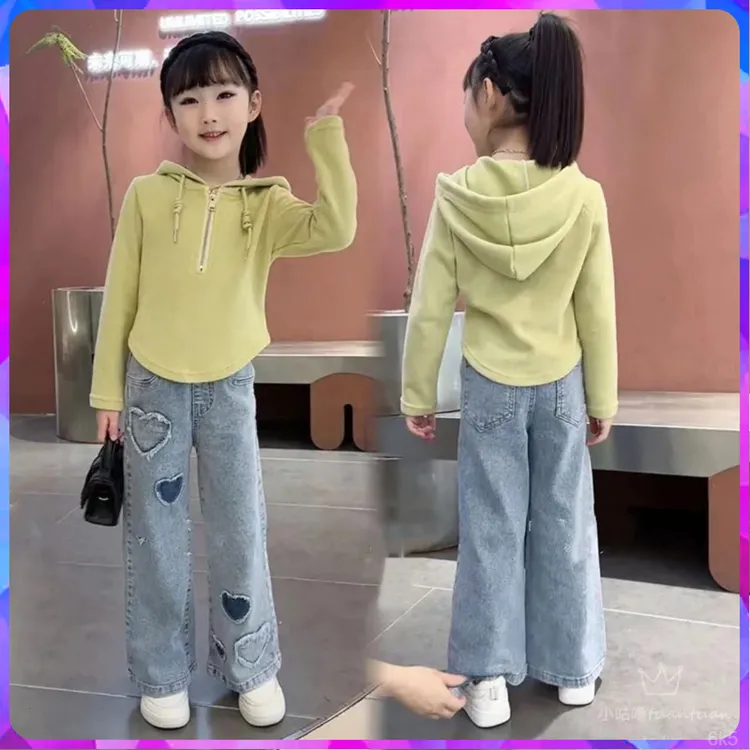 秋大女孩套装女童春装套装时尚2025新款洋气儿童女孩连帽卫衣牛仔