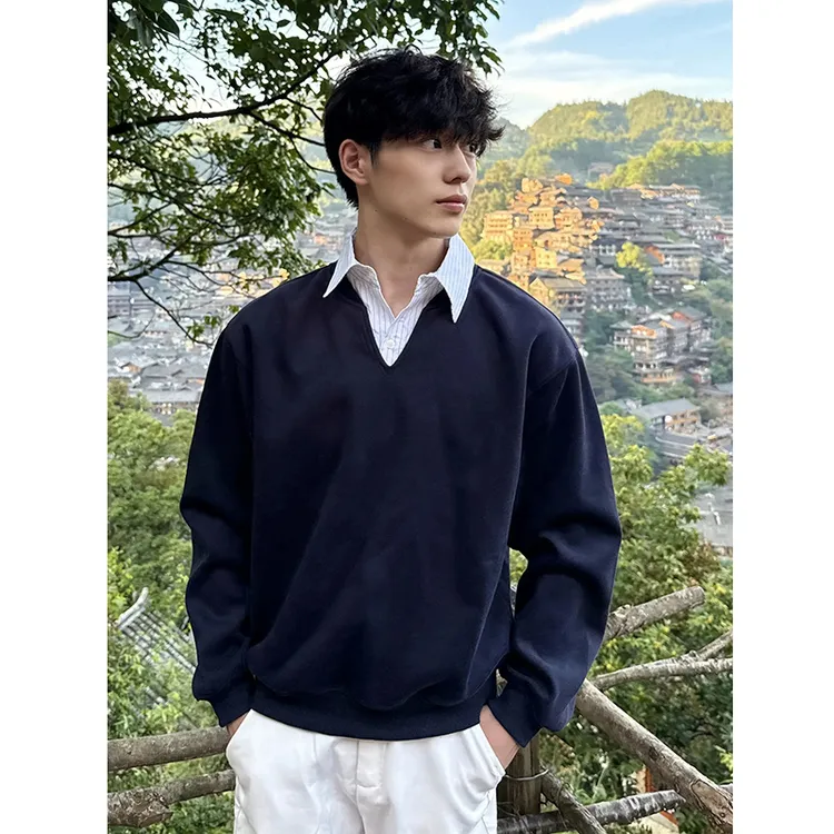 藏青色假两件条纹v领卫衣男秋季cleanfit翻领长袖t恤学院风polo衫