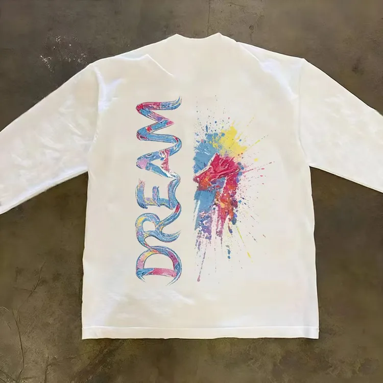 街头简约嘻哈美式字母彩色印花重磅纯棉圆领百搭长袖男款宽松T恤