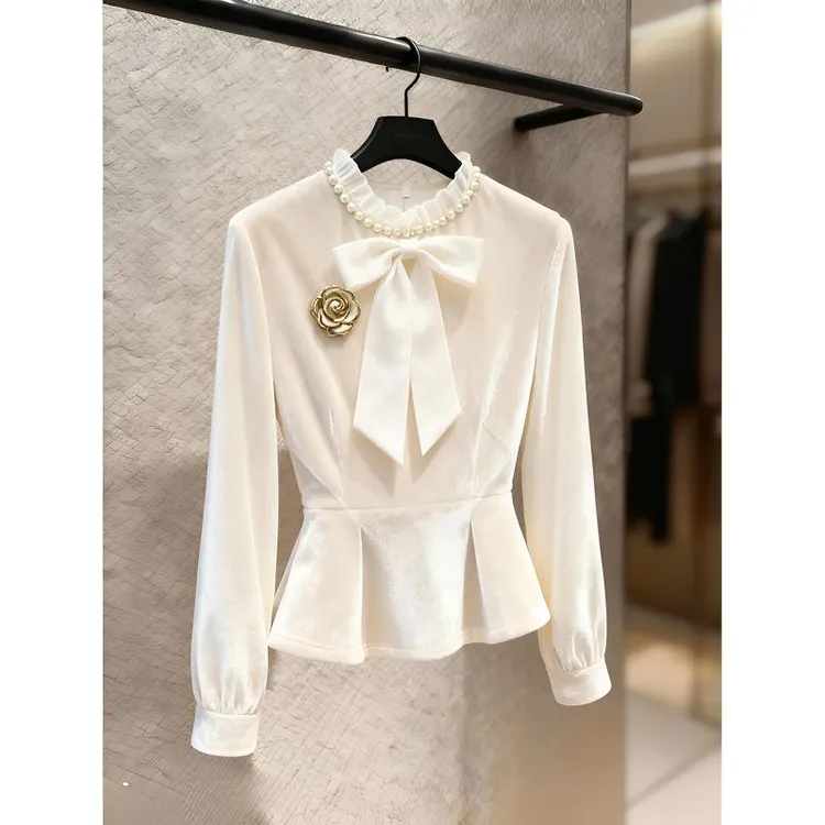 白色蝴蝶结丝绒衬衫女冬季法式轻奢高端小香风巨好看气质掐腰上衣