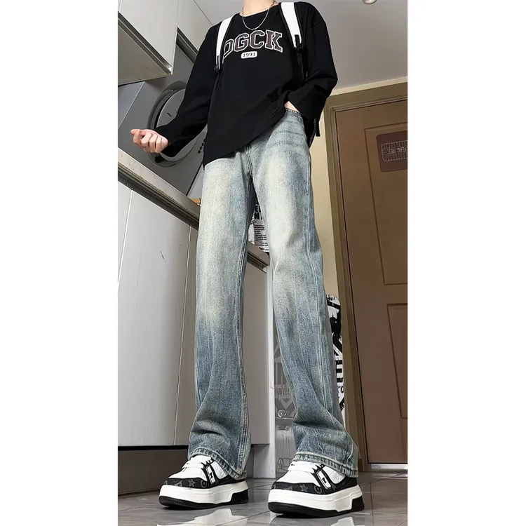 浅蓝色闪电竹节纹微喇牛仔裤男秋季美式vibe直筒裤宽松微喇弯刀裤