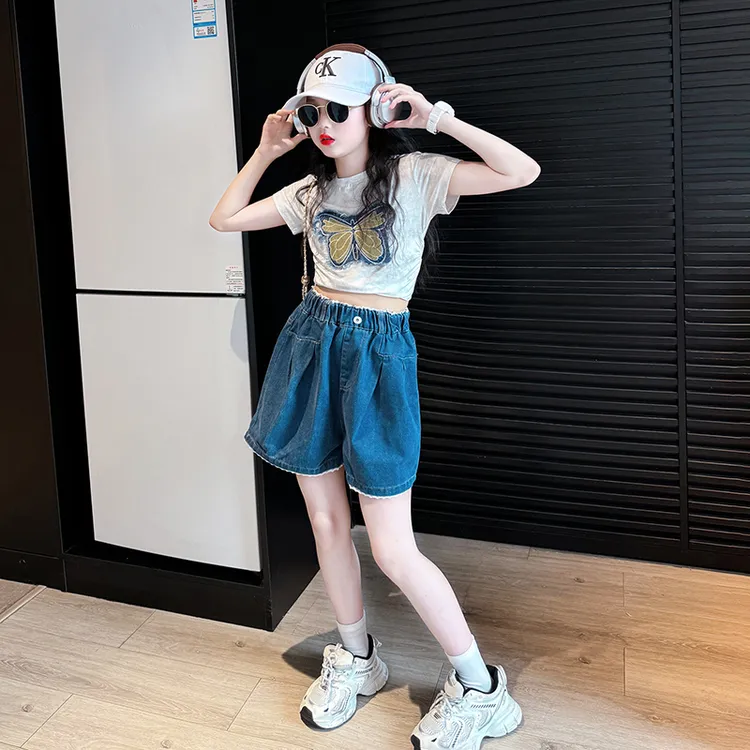 儿童服装2025新款夏装女孩休闲牛仔短裤女童夏季韩范短袖上衣套装