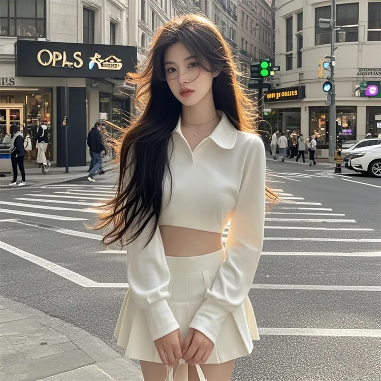 秋季新款翻领长袖T恤上衣短款百褶裙套装纯欲风辣妹穿搭两件套女
