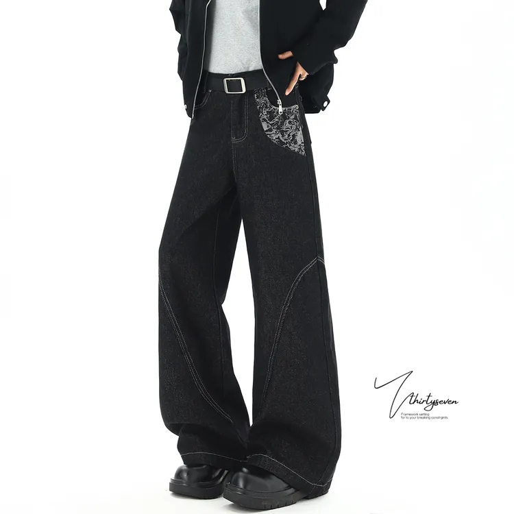 V37美式高街蛇纹拼接丹宁牛仔裤男冬潮牌vintage水显瘦微喇裤子