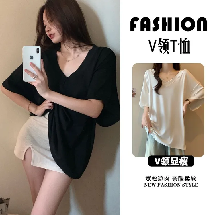 慵懒风大码V领短袖T恤女宽松遮肚减龄显瘦松弛感半袖上衣遮肉6035
