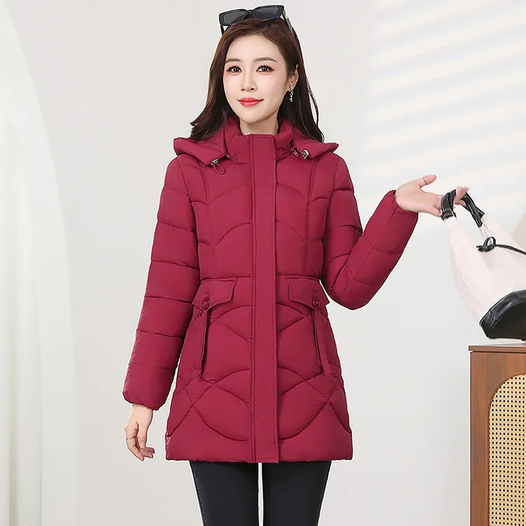 新款收腰可脱卸帽中长款棉服女显瘦不臃肿加厚中老年妈妈棉服外套