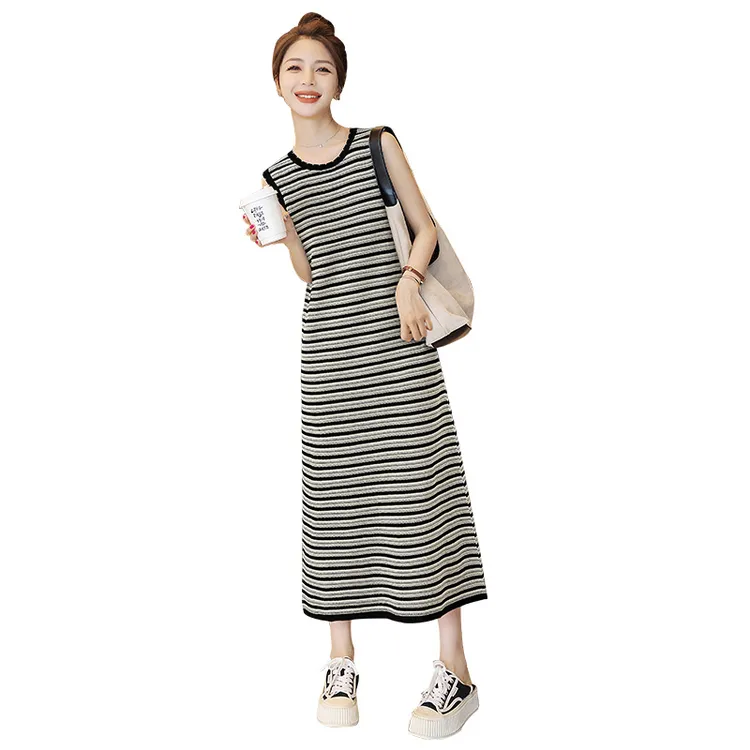 丝柏舍2025夏季新款女装圆领套头条纹中长款无袖连衣裙S52X4587L
