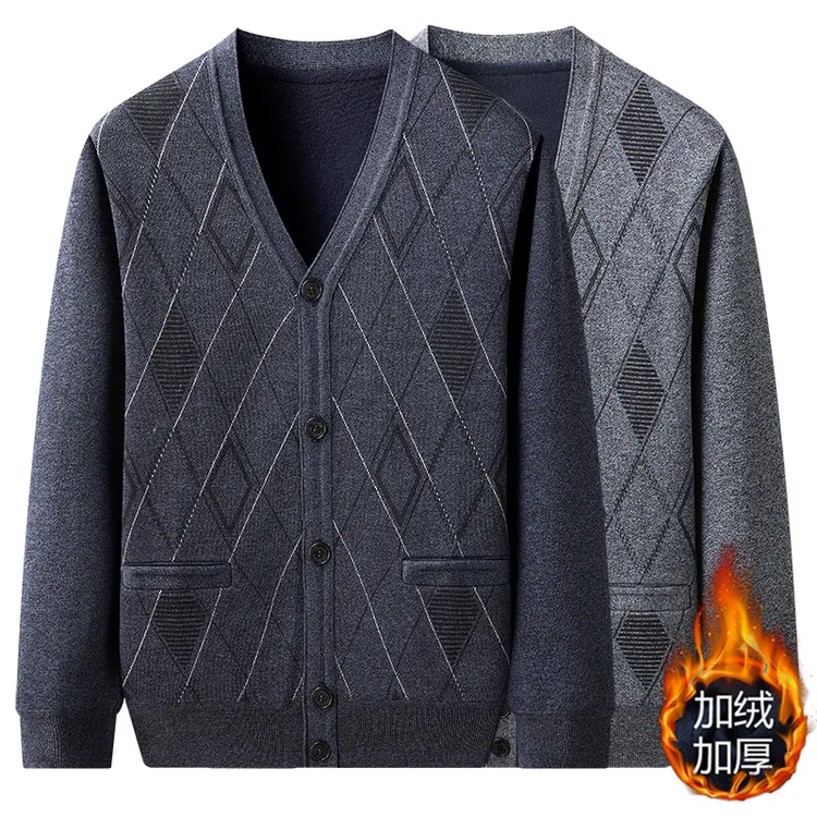 冬季中老年加绒加厚针织男士开衫爸爸装毛衣商务休闲外套宽松保暖