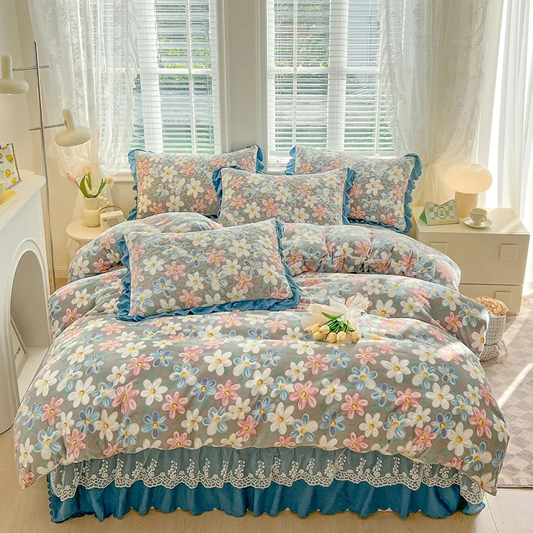 （特厚正品）双层蕾丝花边牛奶绒加厚印花床盖四件套床盖单件三件套