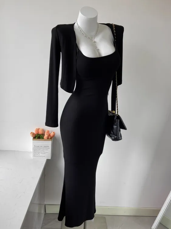 MCREAM SHO长袖披肩开衫+可调节吊带长款包臀裙连衣裙两件套长裙