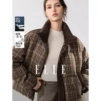 ELLE女装90白鸭绒格纹羽绒服2025冬新款保暖通勤短外套EY52502