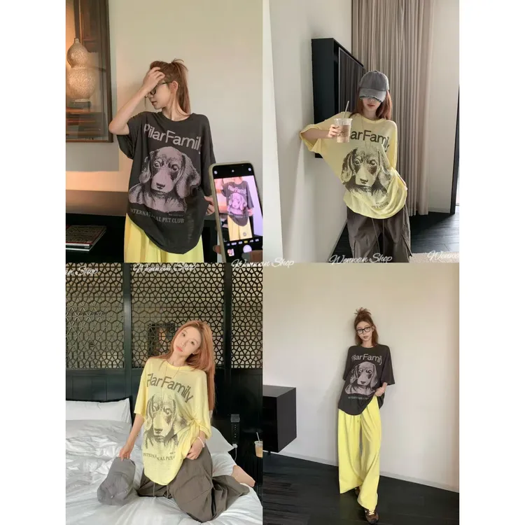 【小狗印花T】2色！韩版可爱宽松圆领短袖T恤