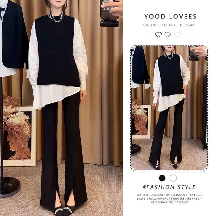 复古减龄百褶长袖衬衫叠穿马甲上衣女2025春秋新款开叉阔腿裤套装
