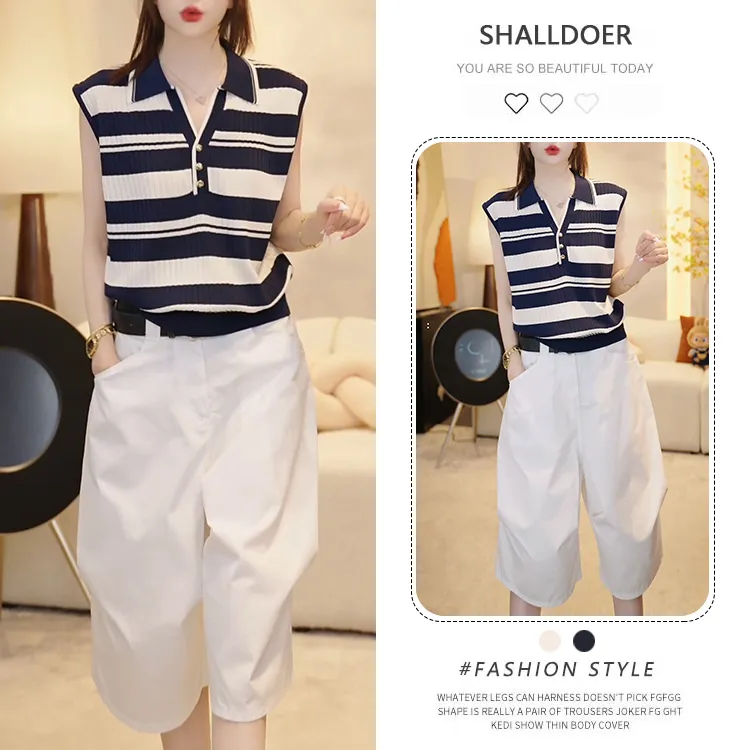 美式潮流减龄套装2025夏季新款条纹显瘦无袖背心五分阔腿裤两件套
