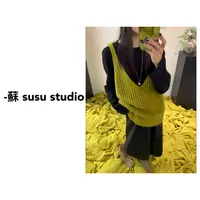 JS欧洲站秋冬欧货V领镂空针织背心+长袖T恤两件套女上衣潮0986