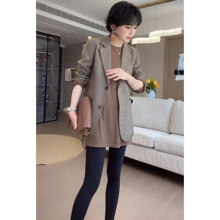 轻奢复古西装外套女春秋气质修身显瘦小个子韩版时尚休闲格纹西服