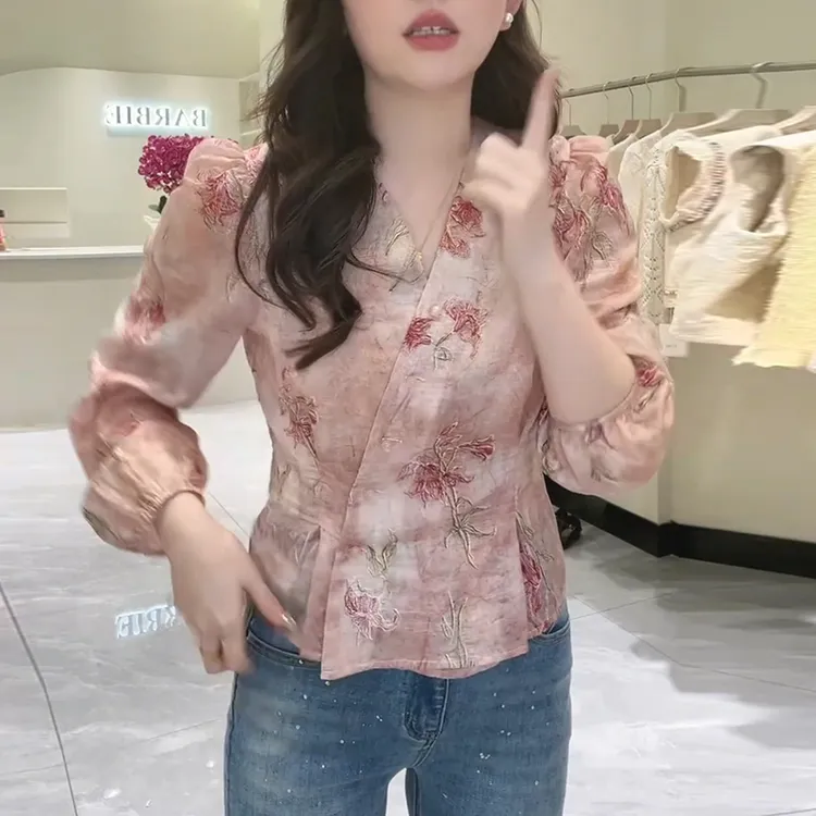 时尚温柔风减龄压褶收腰印花长袖小衫春季新款小个子斜襟休闲衬衫