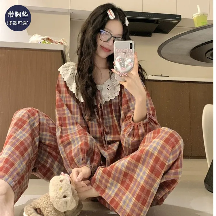 2025新款带胸垫女士睡衣春秋季纯棉长袖格子大码家居服套装春秋款
