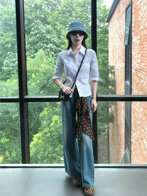 2025夏季新款韩系收腰显瘦白色衬衣防晒上衣外套百搭牛仔裤套装