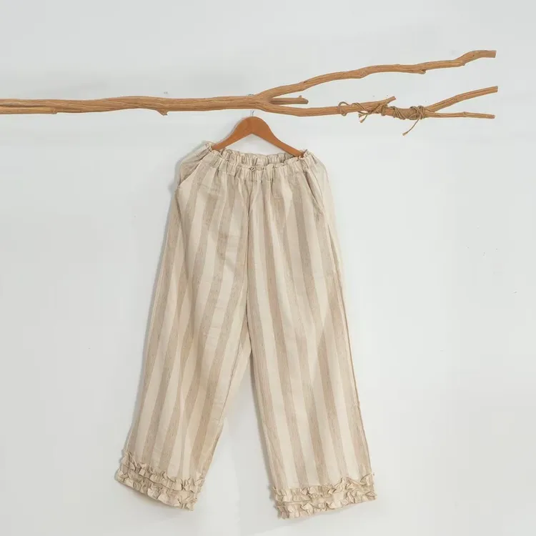 【心动-阔腿裤】条纹荷叶边棉麻宽松阔腿 垂感高腰显瘦休闲九分裤