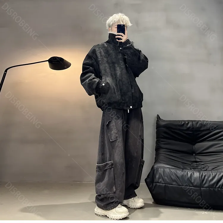 DISROBEING冬日新中式飞机扣立领长毛座山雕皮衣夹克加厚冬季外套