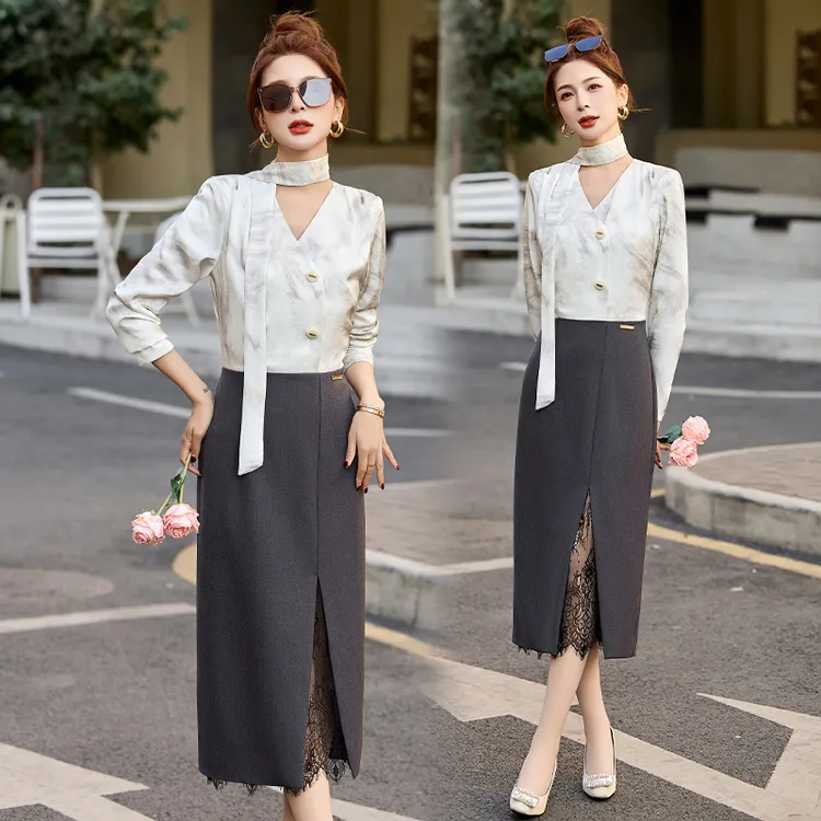 轻熟风包臀连衣裙2025年秋季新款气质系带水墨印花衬衫半身裙套装