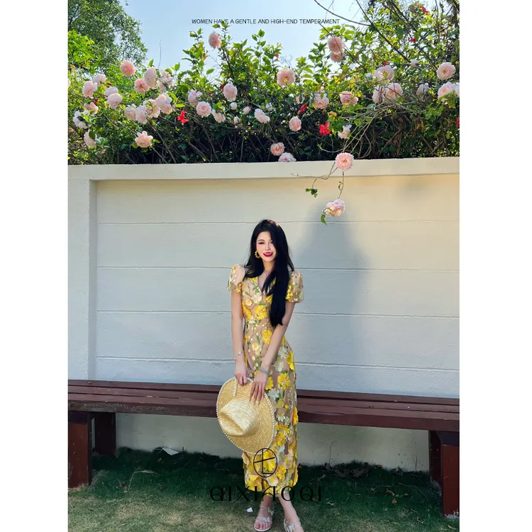 七小七Sicily【维纳斯庄园】绝美重工立体花朵刺绣连衣裙春夏季高级