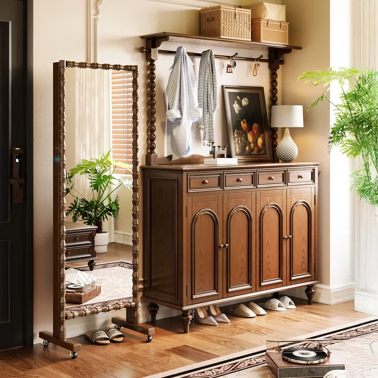 欧格娜美式实木靠墙鞋柜收纳柜挂衣架一体家用门口换鞋凳衣帽架