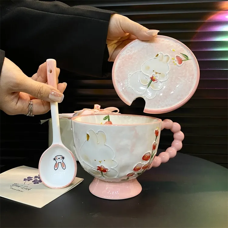 可爱兔子早餐杯带盖勺女生日礼物送闺蜜陶瓷杯子轻奢高颜值马克杯