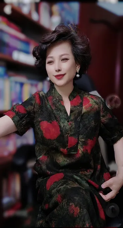 夏季新款桑蚕丝印花V领中长款香云纱连衣裙