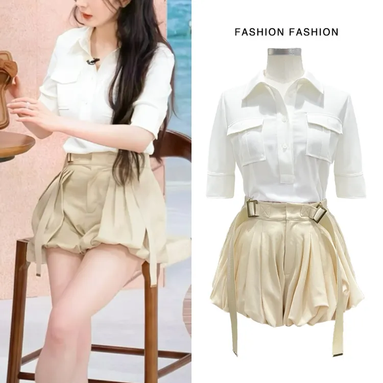 杨幂同款灯笼短裤女2025新款显瘦高腰设计感小个子绑带花苞裤子夏