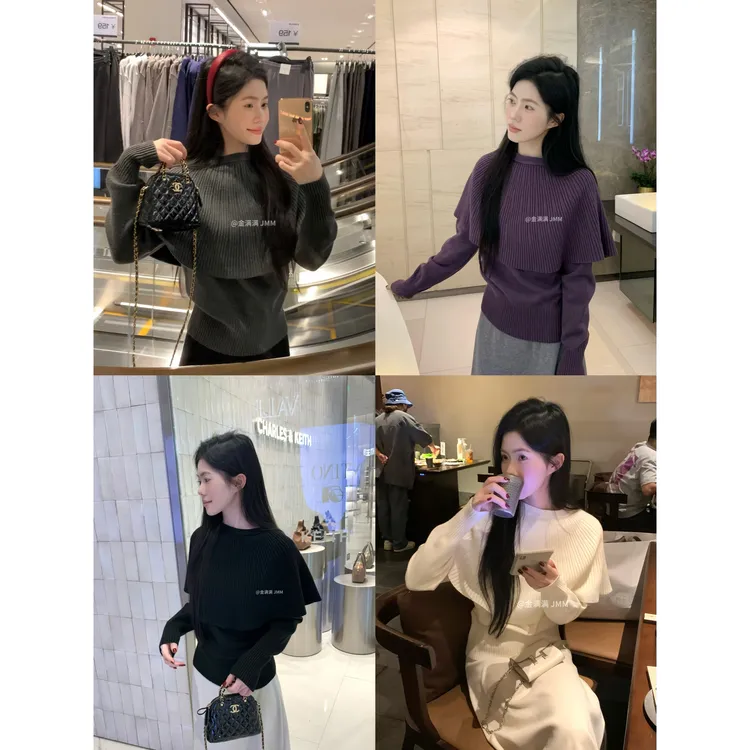 （6637）新品实拍高品质设计感斗篷圆领披肩假两件高级感显瘦毛衣