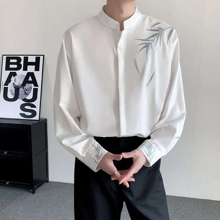 新中式刺绣白色衬衫男长袖中国风设计感小众结婚订婚中山装白衬衫