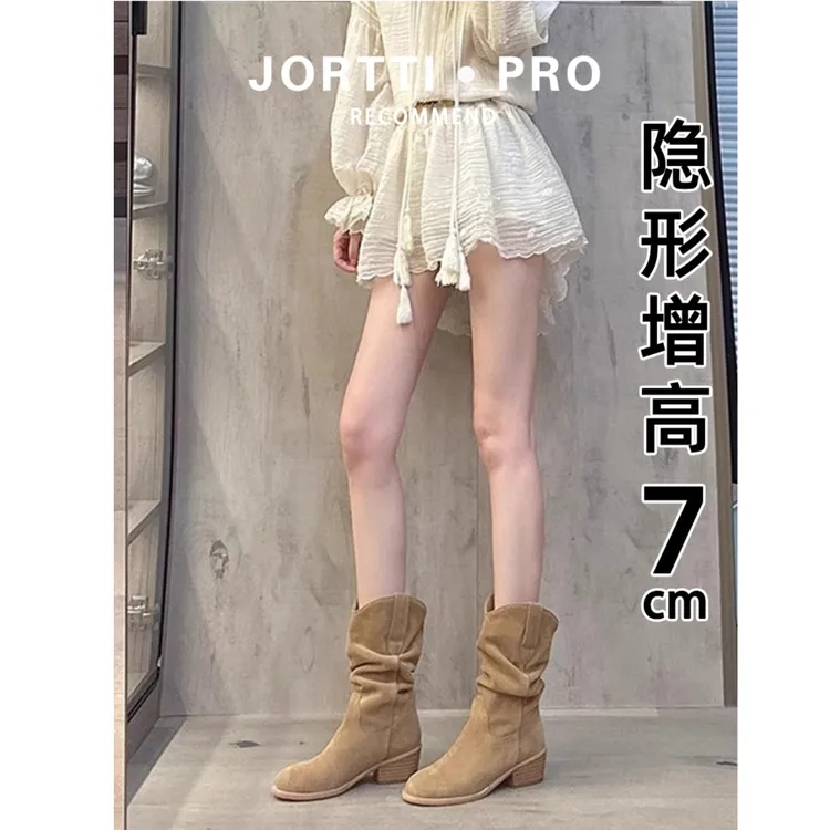 软皮 马丁靴小个子内增高靴子女2025新款春季高跟中筒短靴堆堆靴