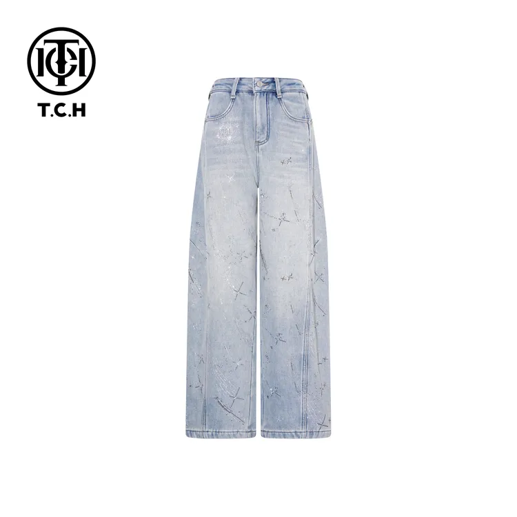 TCH【直筒】冬款百搭时尚烫钻慵懒风浅蓝色直筒牛仔裤T75D20E1235