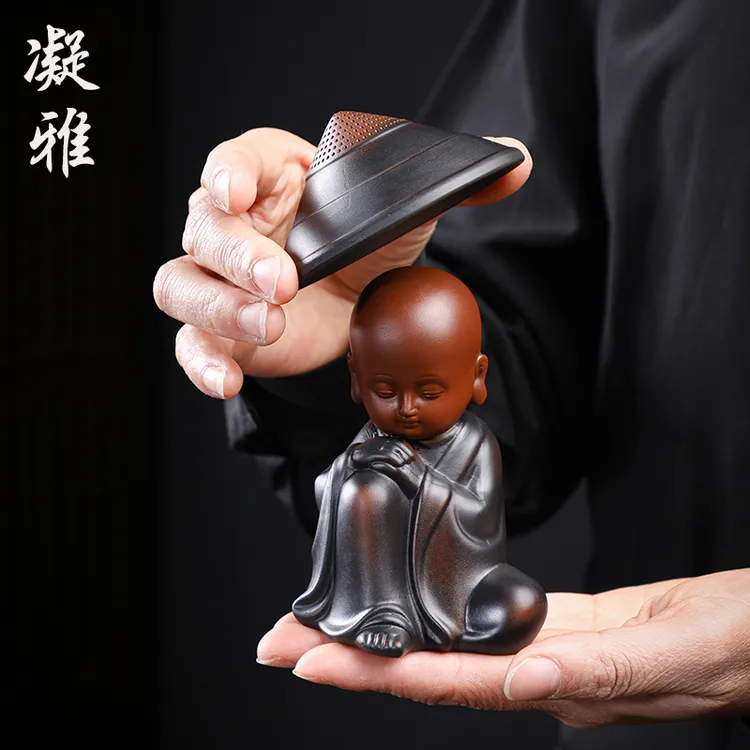 紫陶创意小和尚茶宠摆件茶漏茶滤茶叶全瓷过滤网家用茶桌茶具配件