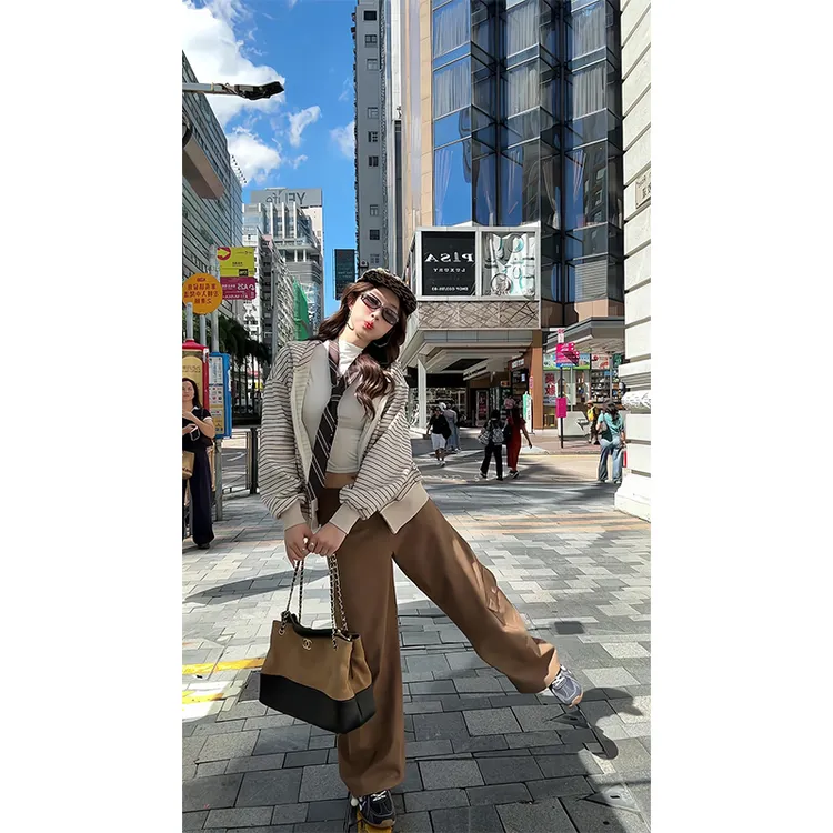 2025新款女士秋季美式慵懒风条纹连帽拉链开衫外套高腰宽松阔腿裤