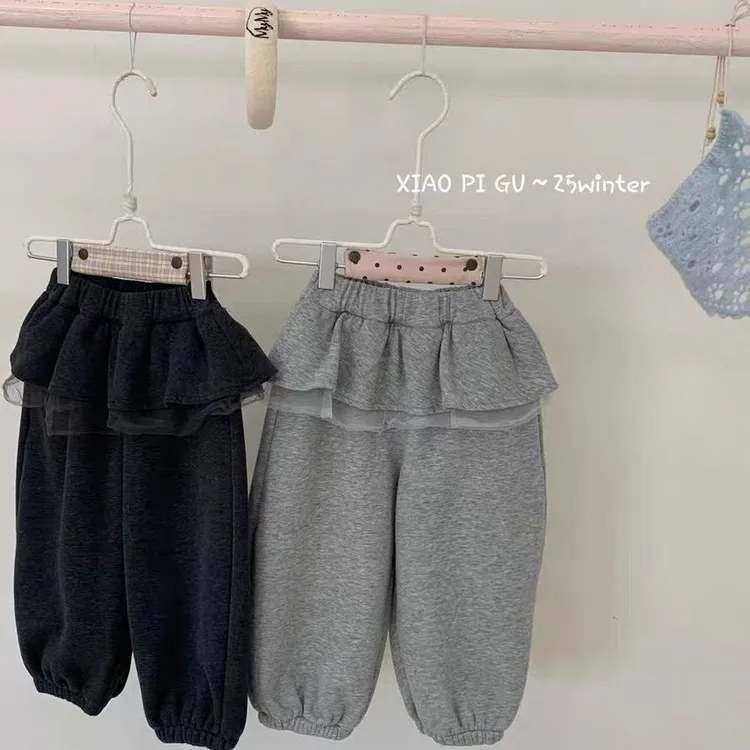 女童新款2025秋冬款一体绒韩国儿童洋气百搭小众网纱花边屁帘卫裤
