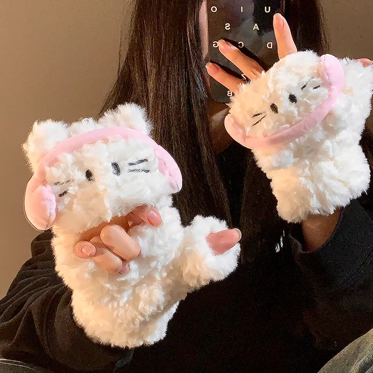 耳机猫翻盖露指手套女秋冬季可爱百搭学生骑行防寒保暖写字可触屏